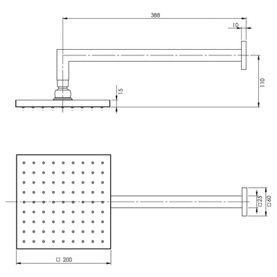 PHOENIX LEXI SHOWER ARM SQUARE ROSE 200MM CHROME