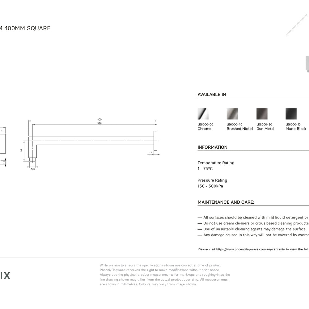PHOENIX LEXI SHOWER ARM SQUARE 400MM CHROME