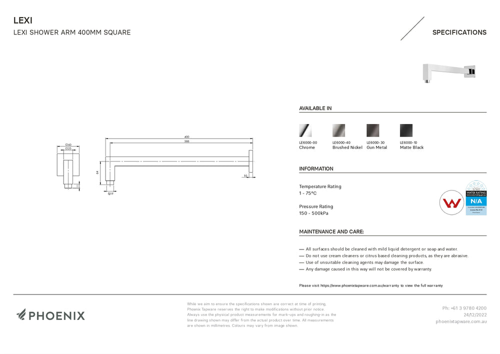PHOENIX LEXI SHOWER ARM SQUARE 400MM CHROME