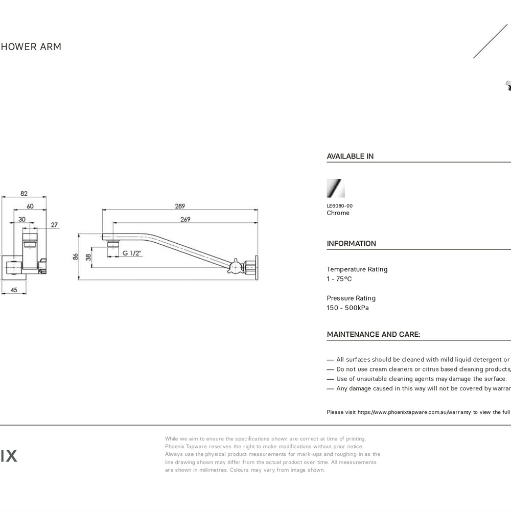 PHOENIX LEXI UNIVERSAL SHOWER ARM 289MM CHROME