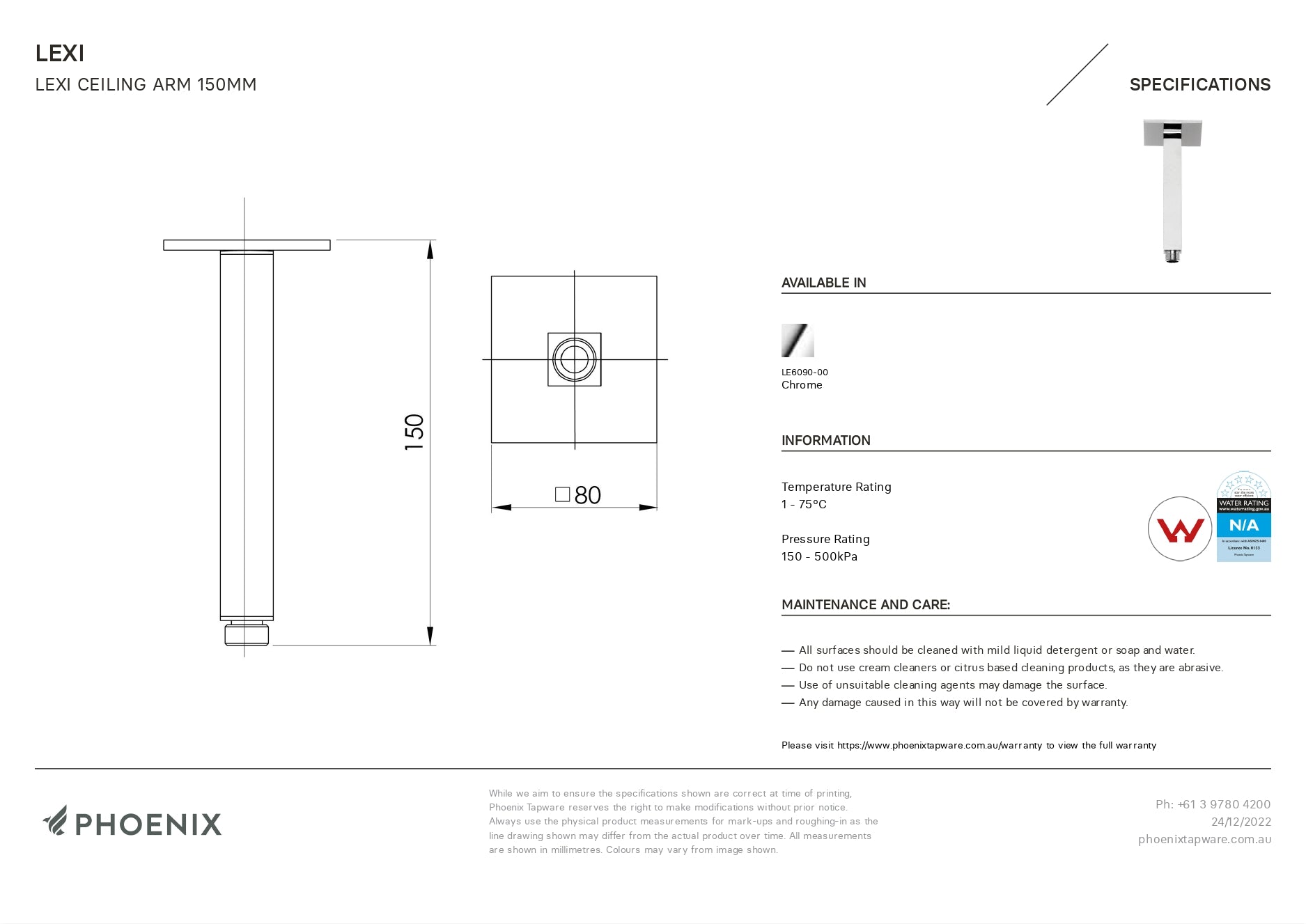 PHOENIX LEXI CEILING ARM 150MM CHROME