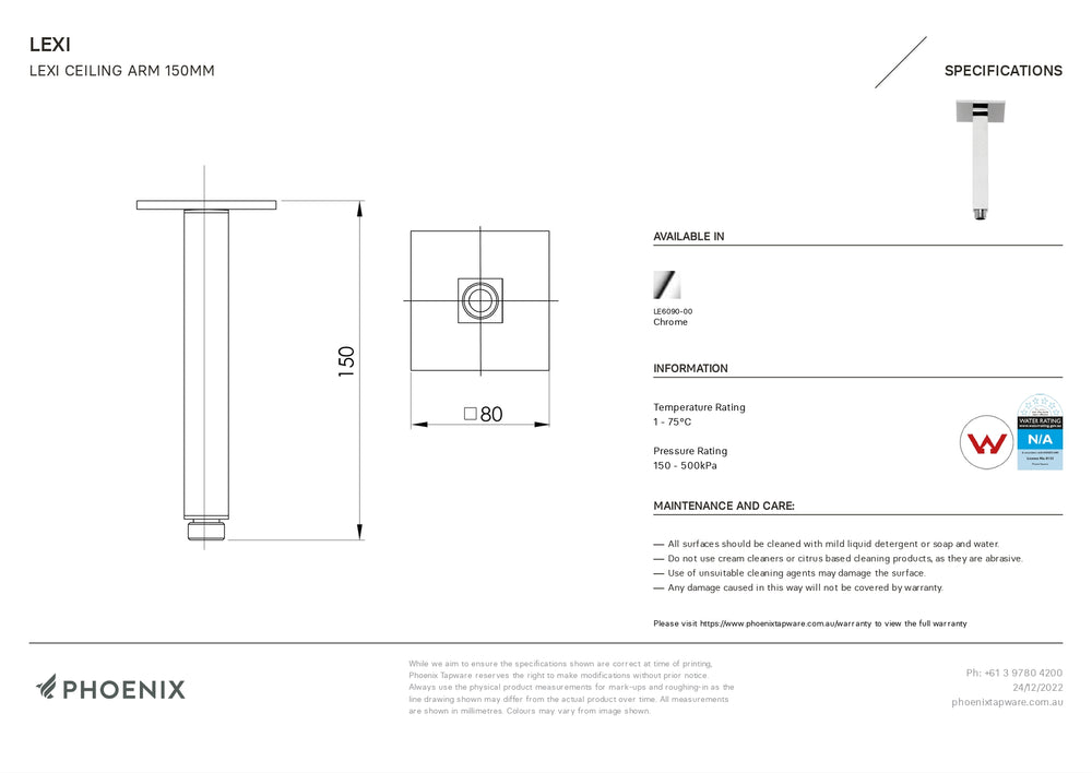 PHOENIX LEXI CEILING ARM 150MM CHROME
