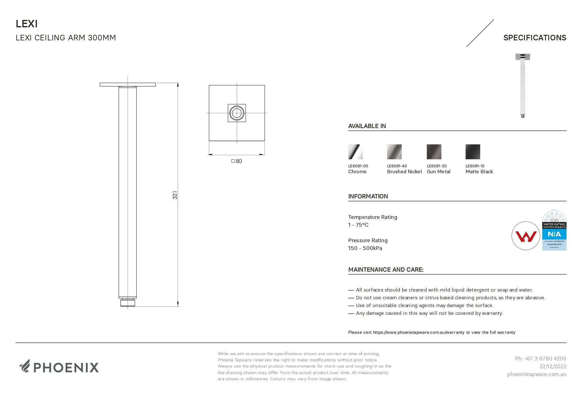 PHOENIX LEXI CEILING ARM 321MM MATTE BLACK