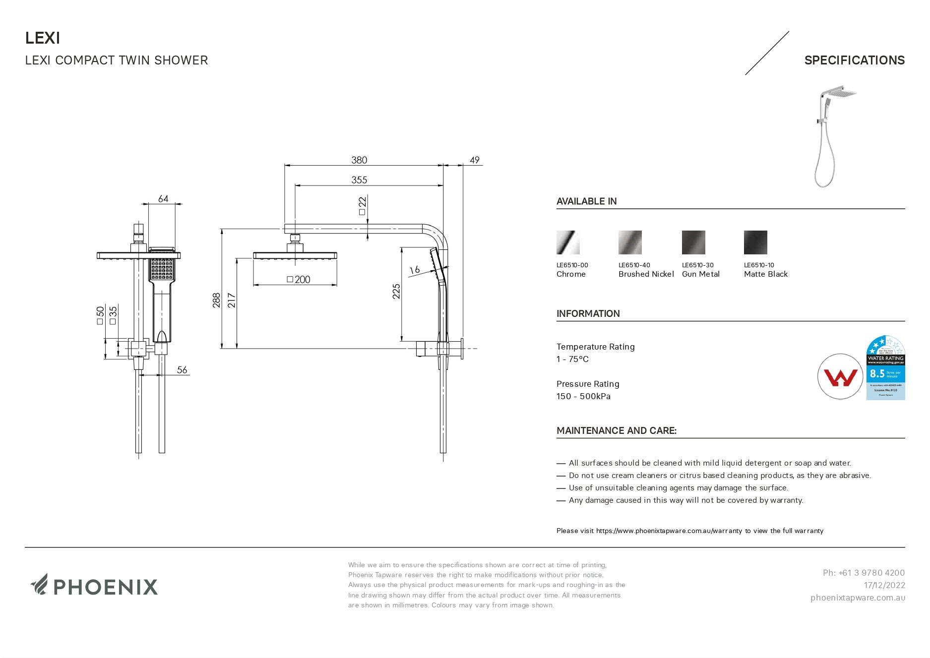 PHOENIX LEXI COMPACT TWIN SHOWER MATTE BLACK
