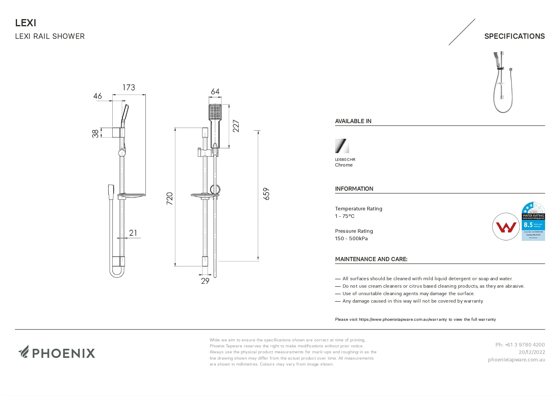 PHOENIX LEXI RAIL SHOWER CHROME