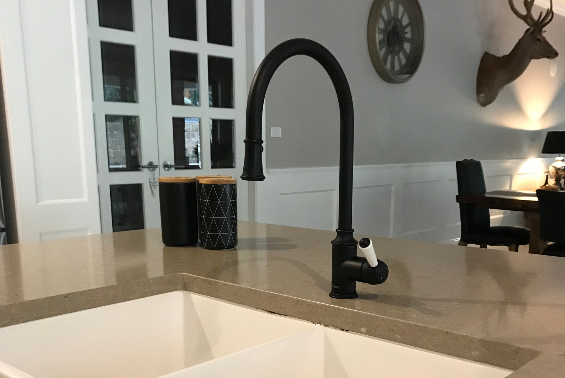 LINSOL TOMMY PULL DOWN SINK MIXER 430MM MATTE BLACK AND WHITE