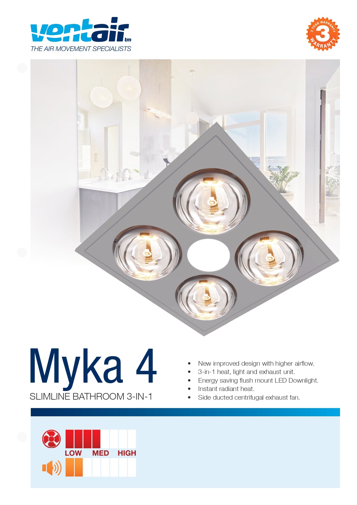 VENTAIR MYKA 4 SLIMLINE 3 IN 1 WITH 4 HEAT LAMPS, LED DOWNLIGHT AND SIDE DUCTED EXHAUST SILVER