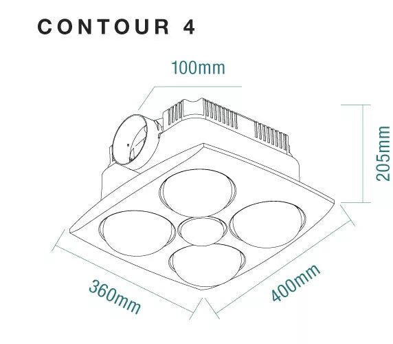MARTEC CONTOUR 4 3-IN-1 BATHROOM HEATER WITH 4 HEAT LAMPS, EXHAUST FAN AND 8W LED LIGHT SILVER