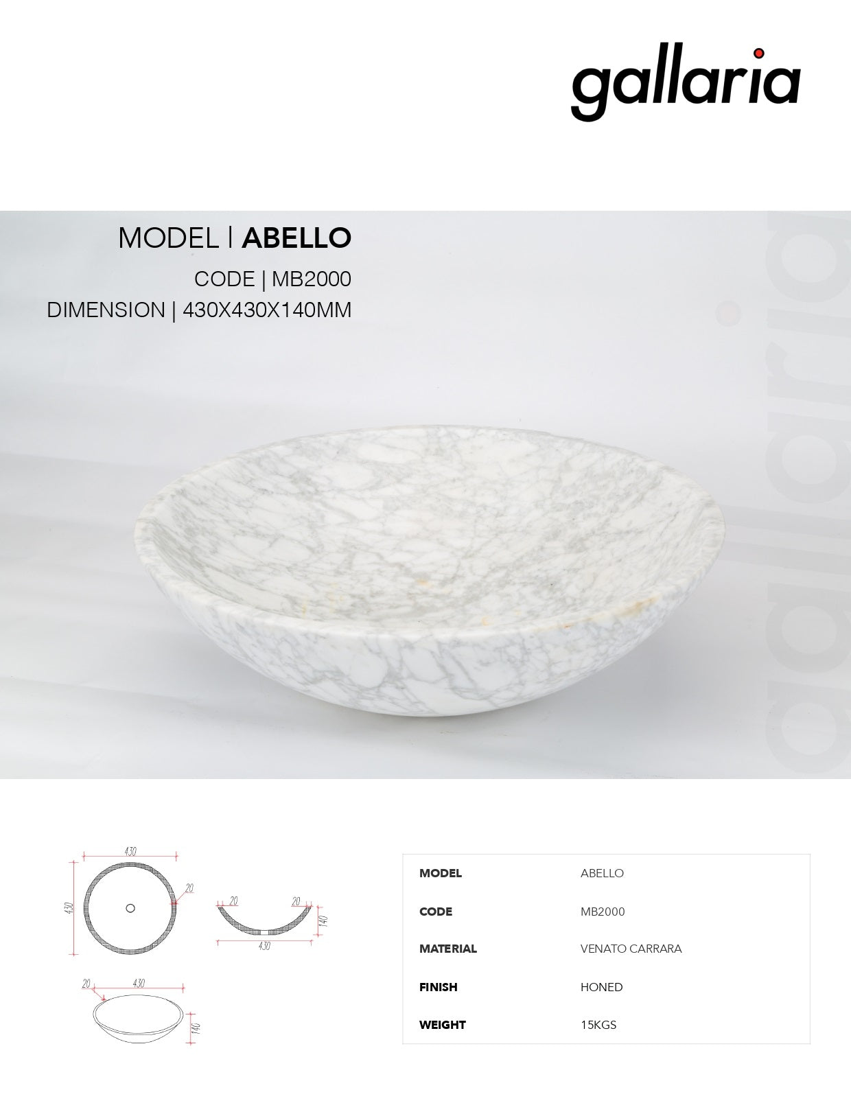 GALLARIA ABELLO ROUND ABOVE COUNTER STONE BASIN VENATO CARRARA 430MM