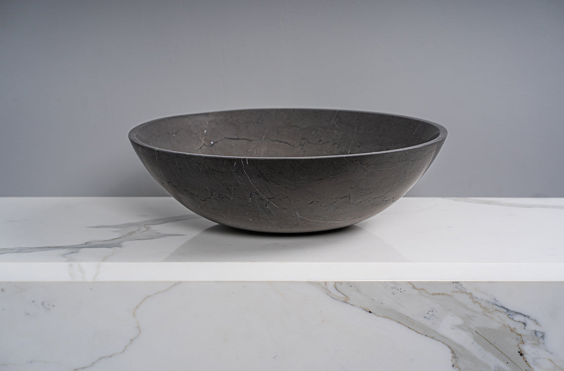 GALLARIA AMATE ROUND ABOVE COUNTER STONE BASIN PIETRA GREY 430MM