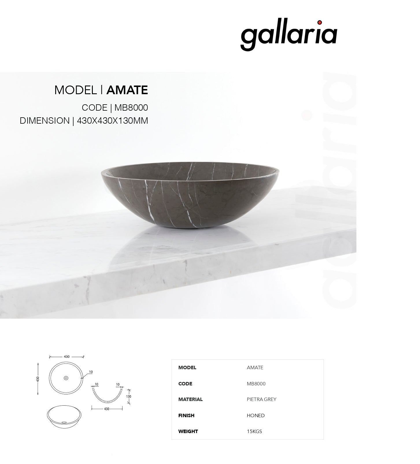 GALLARIA AMATE ROUND ABOVE COUNTER STONE BASIN PIETRA GREY 430MM