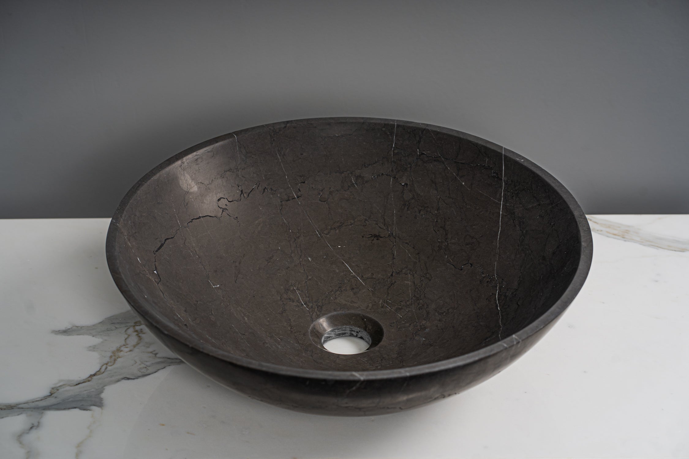 GALLARIA AMATE ROUND ABOVE COUNTER STONE BASIN PIETRA GREY 430MM