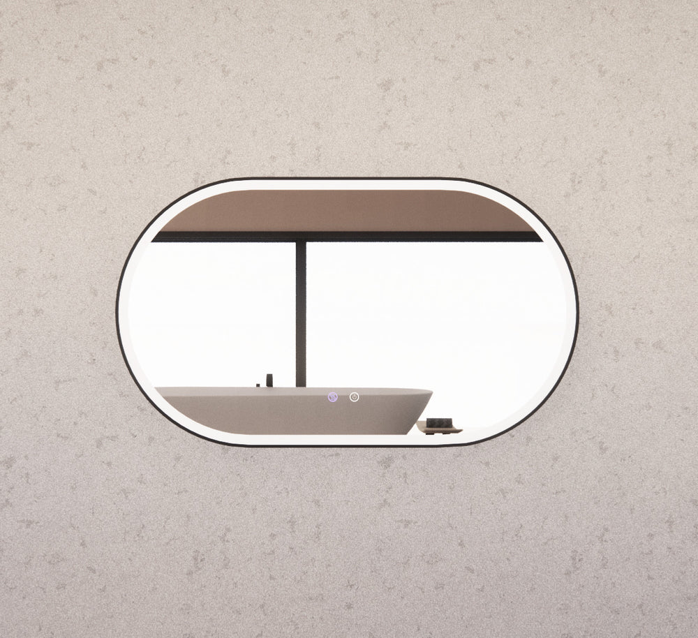 RIVA O1 FRAMED OVAL LED MIRROR 3 COLOUR LIGHTS BLACK 1200X700MM