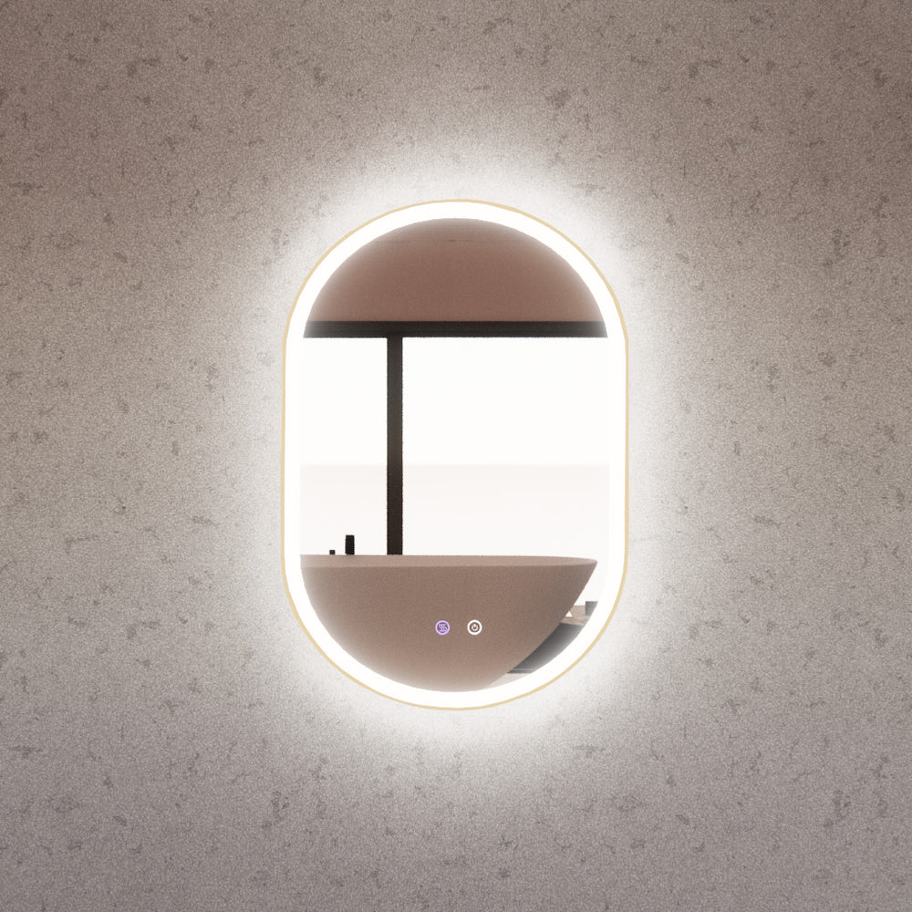 RIVA O1 FRAMED OVAL LED MIRROR 3 COLOUR LIGHTS GOLD 600X900MM