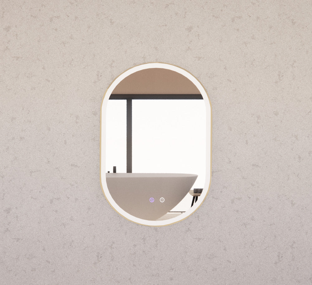 RIVA O1 FRAMED OVAL LED MIRROR 3 COLOUR LIGHTS GOLD 600X900MM