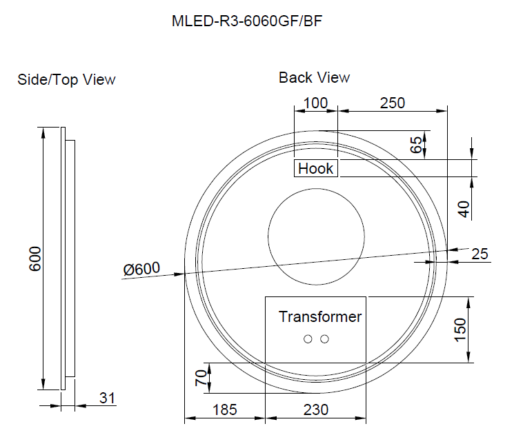 RIVA R3 FRAMED ROUND LED MIRROR 3 COLOUR LIGHTS BLACK 600X600MM