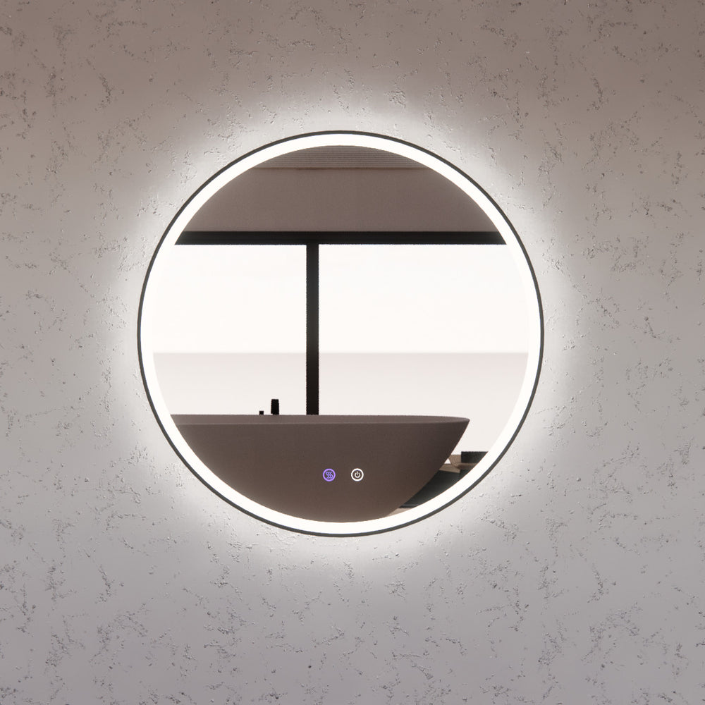 RIVA R3 FRAMED ROUND LED MIRROR 3 COLOUR LIGHTS BLACK 800X800MM