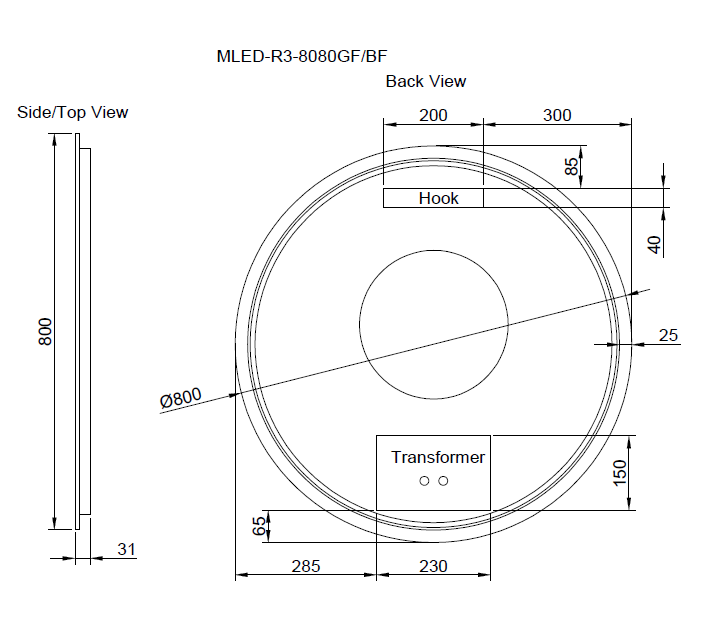 RIVA R3 FRAMED ROUND LED MIRROR 3 COLOUR LIGHTS BLACK 800X800MM