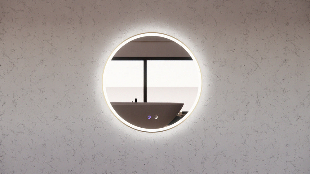 RIVA R3 FRAMED ROUND LED MIRROR 3 COLOUR LIGHTS GOLD 600X600MM