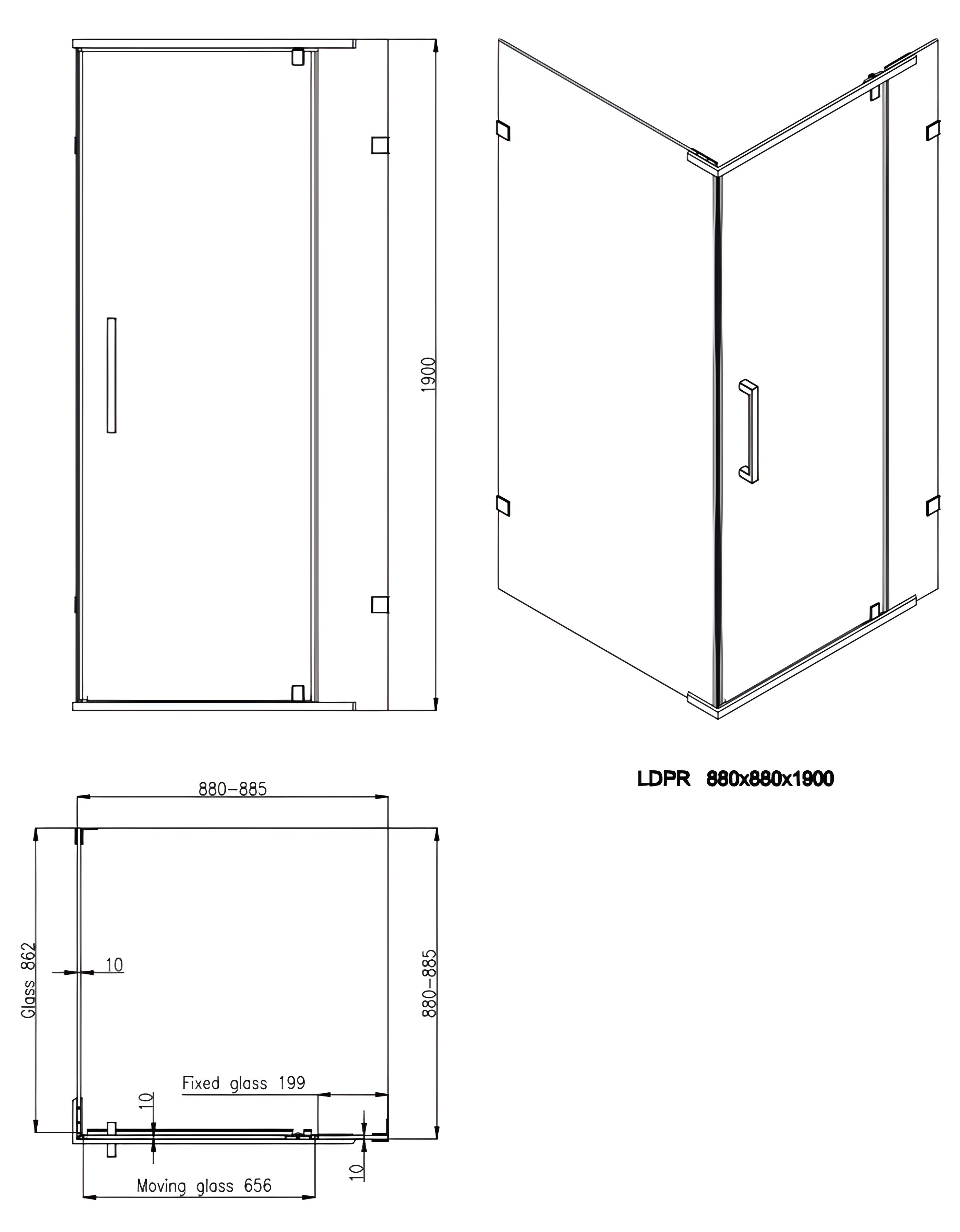 MONZA SEMI-FRAMELESS SQUARE SHOWER SCREEN CHROME (885X885MM)