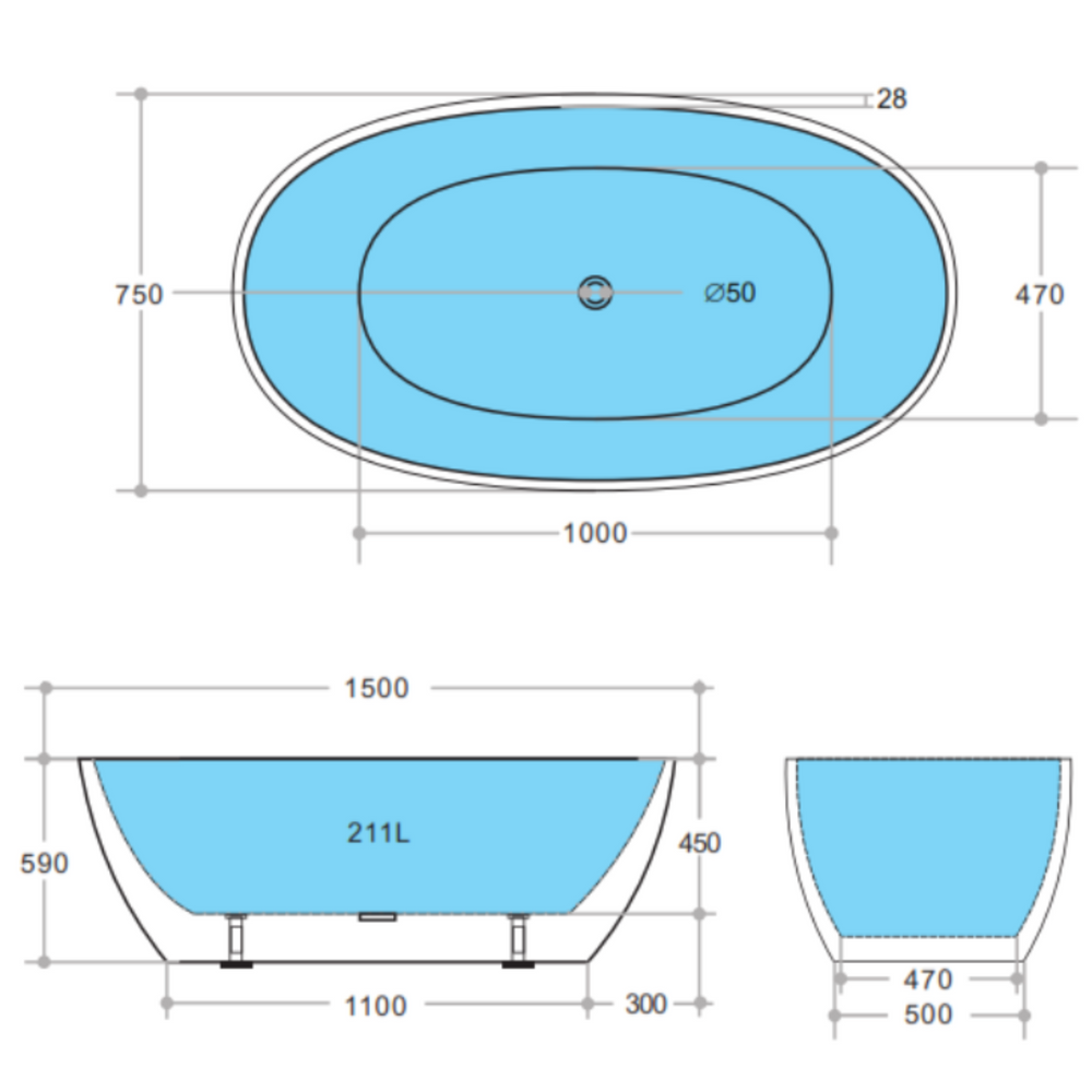 POSEIDON STELLA FREE STANDING BATHTUB MATTE WHITE 1500MM