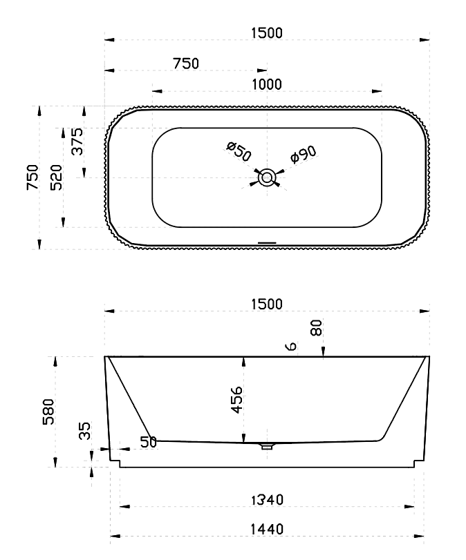 RIVA MILANO V-GROOVE FREE STANDING NON OVERFLOW BATHTUB 1500MM GLOSS WHITE