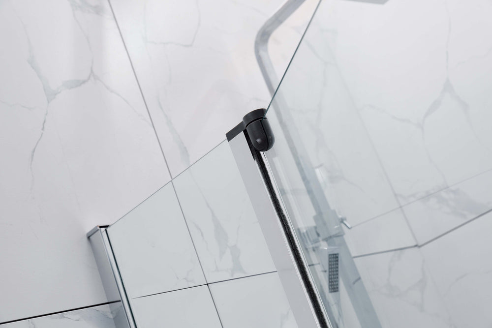 COVEY FRAMELESS DOUBLE SWIVAL PANEL CURVED CORNER BATH SCREEN CHROME