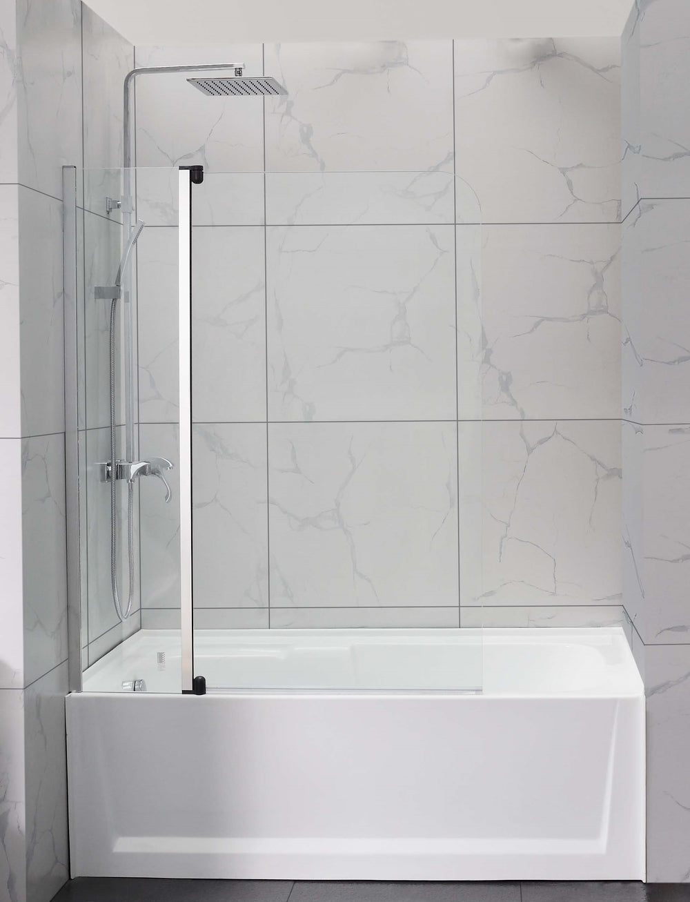 COVEY FRAMELESS DOUBLE SWIVAL PANEL CURVED CORNER BATH SCREEN CHROME