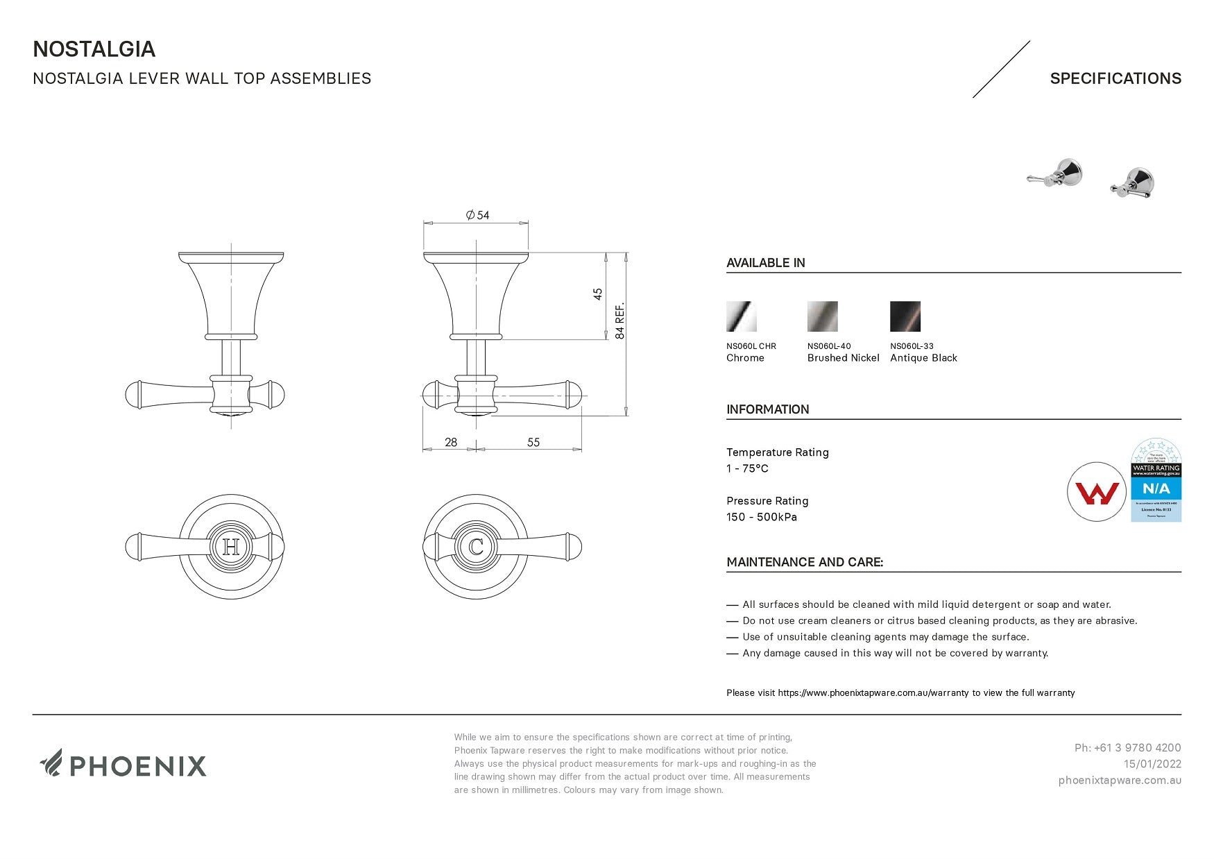 PHOENIX NOSTALGIA LEVER WALL TOP ASSEMBLIES CHROME