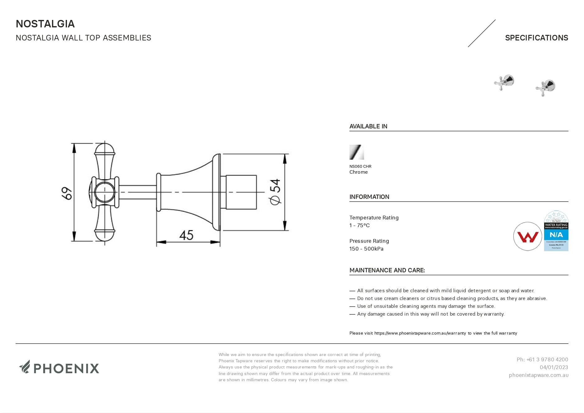 PHOENIX NOSTALGIA WALL TOP ASSEMBLIES CHROME