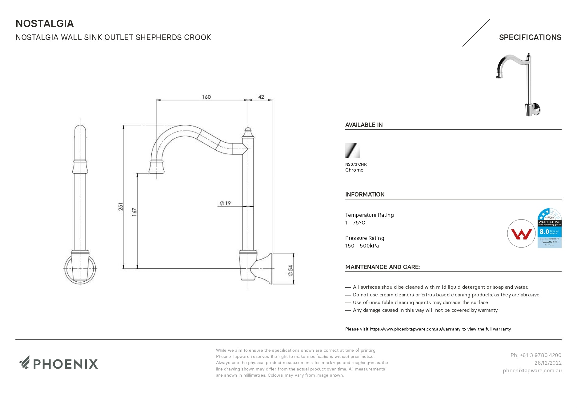 PHOENIX NOSTALGIA WALL SINK OUTLET SHEPHERDS CROOK CHROME
