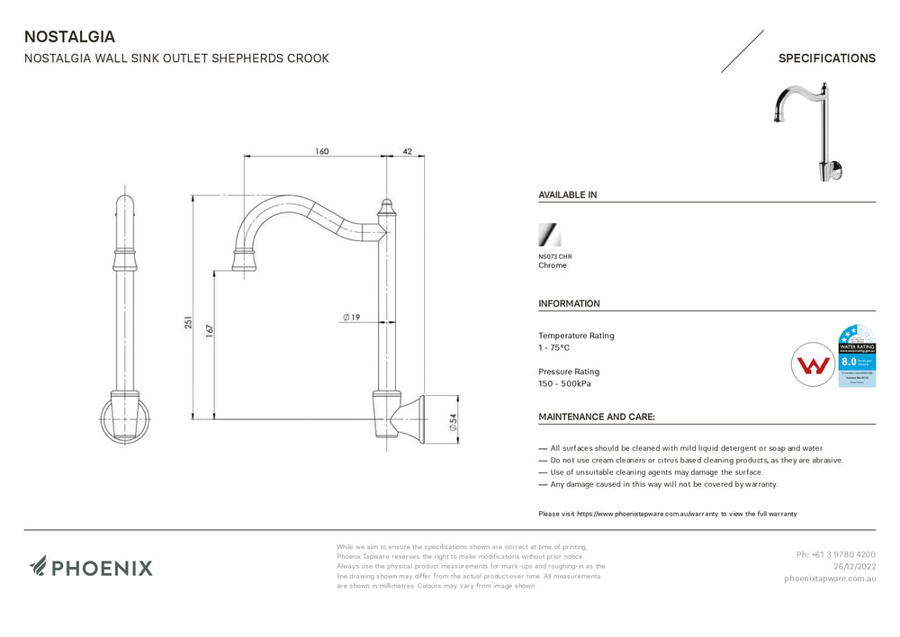 PHOENIX NOSTALGIA WALL SINK OUTLET SHEPHERDS CROOK CHROME