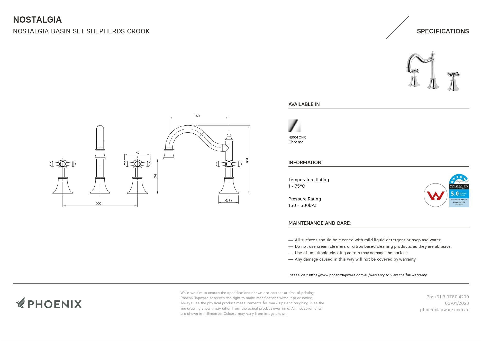 PHOENIX NOSTALGIA LEAD FREE BASIN SET SHEPHERDS CROOK CHROME