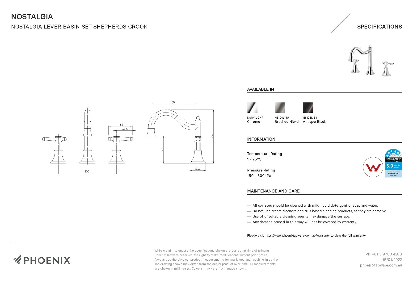 PHOENIX NOSTALGIA LEVER BASIN SET SHEPHERDS CROOK ANTIQUE BLACK