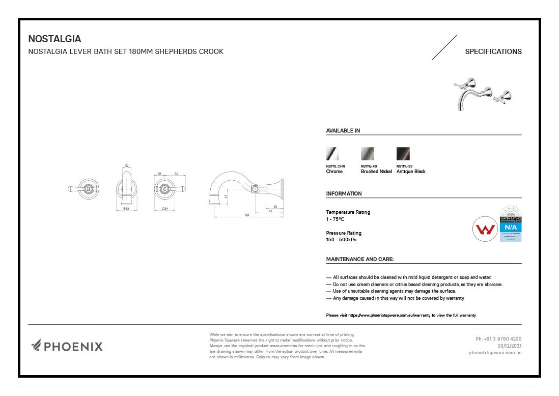 PHOENIX NOSTALGIA LEVER BATH SET SHEPHERDS CROOK 180MM ANTIQUE BLACK