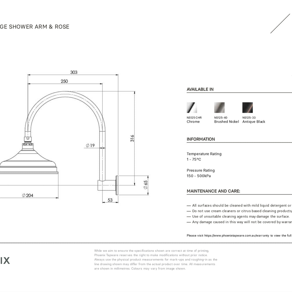 PHOENIX NOSTALGIA VINTAGE SHOWER ARM AND ROSE 200MM CHROME