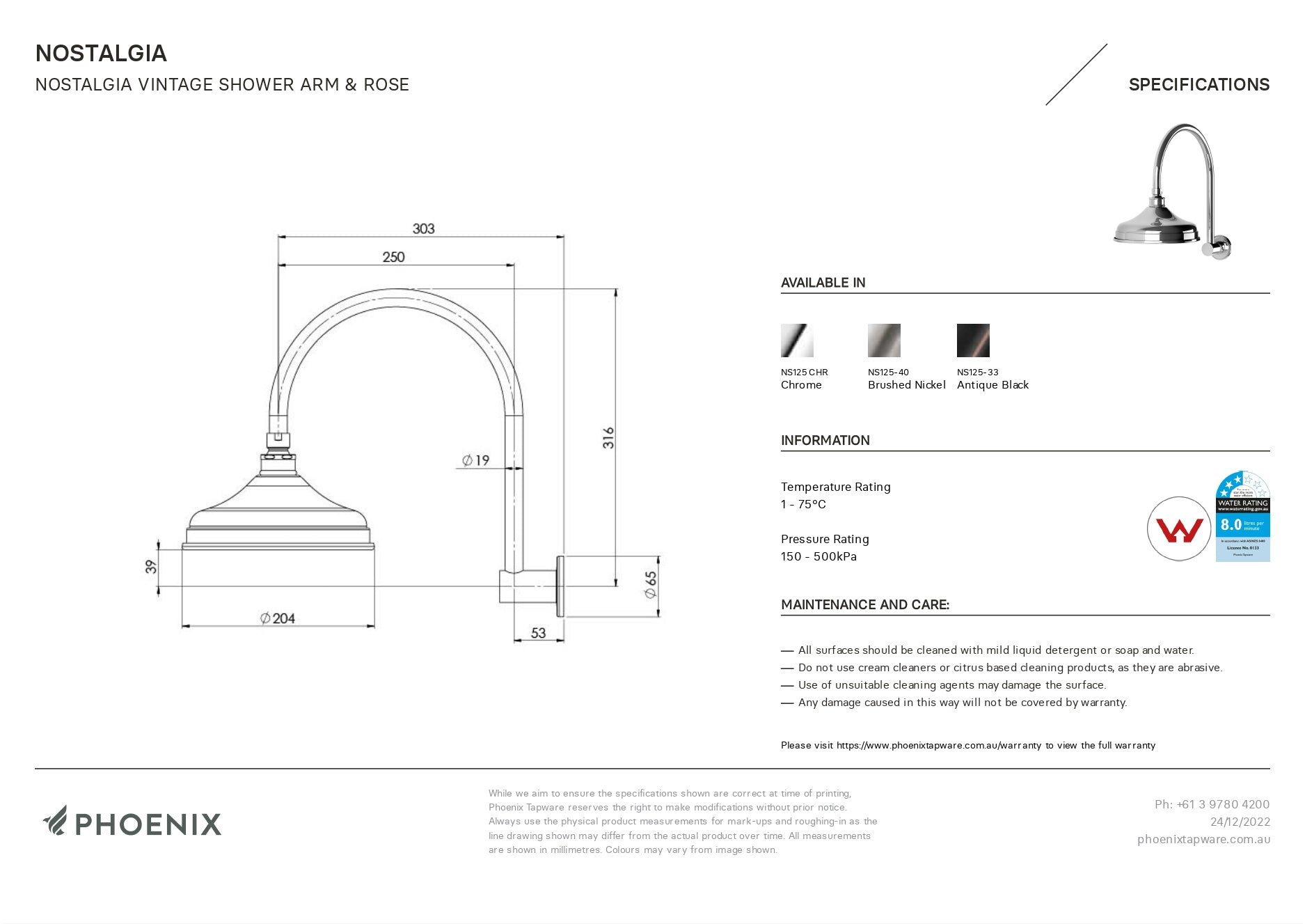 PHOENIX NOSTALGIA VINTAGE SHOWER ARM AND ROSE 200MM CHROME