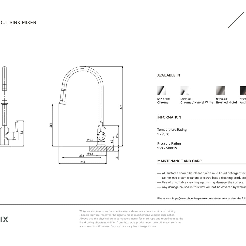 PHOENIX NOSTALGIA LEAD FREE PULL OUT SINK MIXER 476MM BRUSHED NICKEL