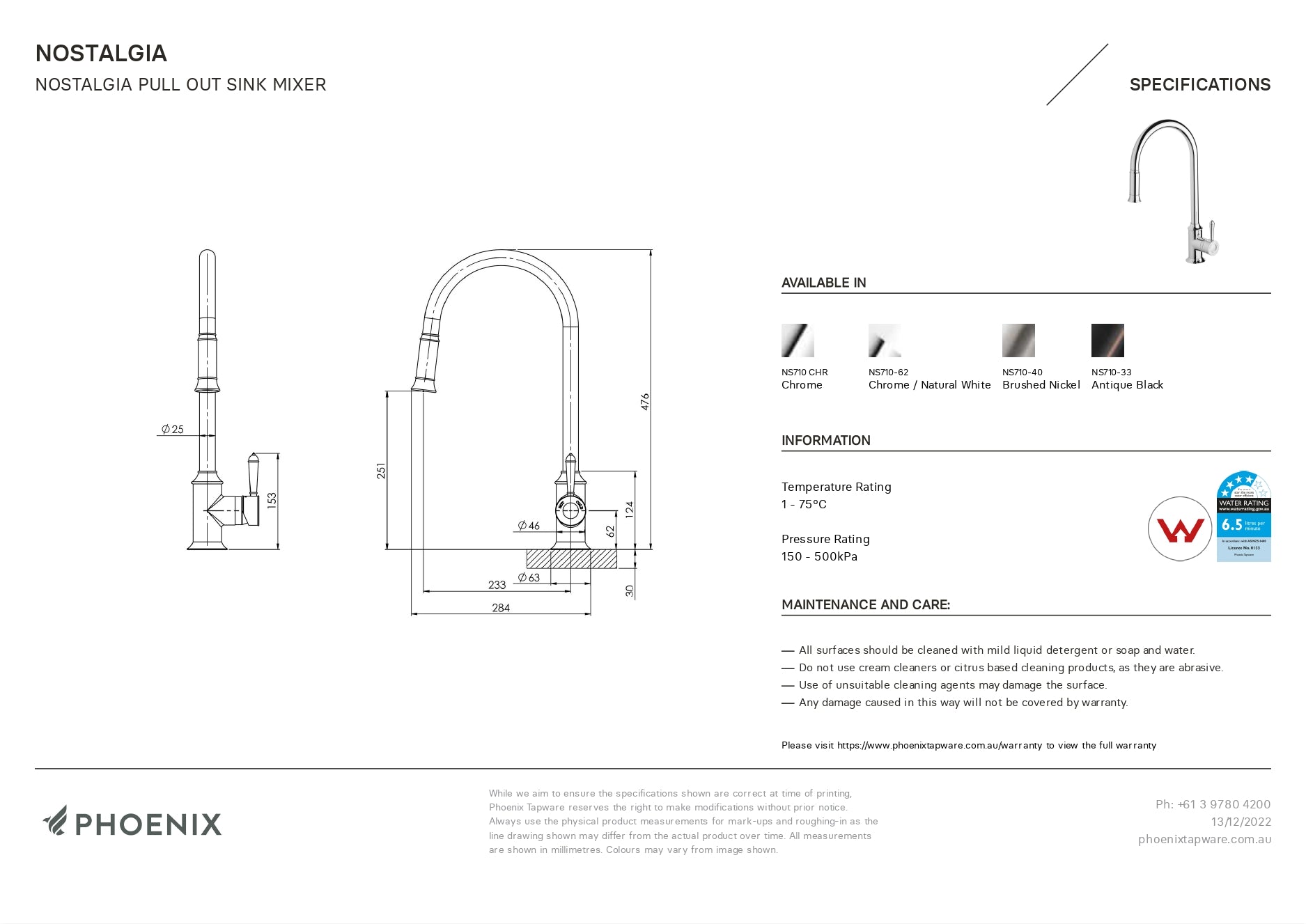PHOENIX NOSTALGIA LEAD FREE PULL OUT SINK MIXER 476MM CHROME AND WHITE