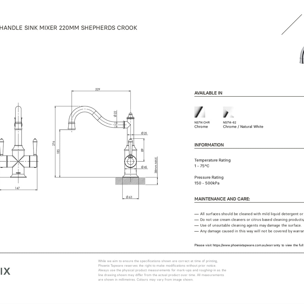 PHOENIX NOSTALGIA TWIN HANDLE SHEPHERDS CROOK SINK MIXER 276MM CHROME AND WHITE