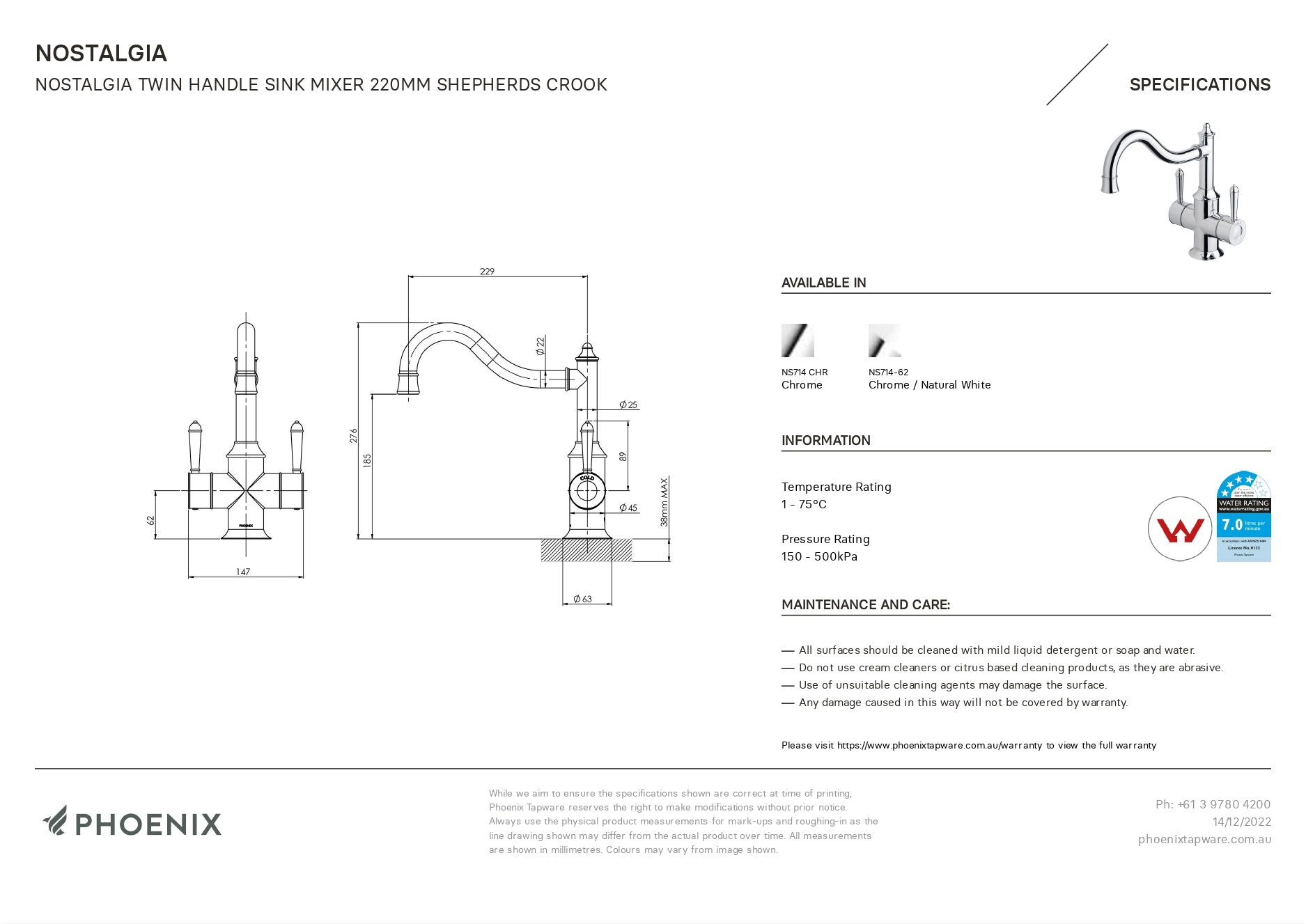 PHOENIX NOSTALGIA TWIN HANDLE SHEPHERDS CROOK SINK MIXER 276MM CHROME AND WHITE