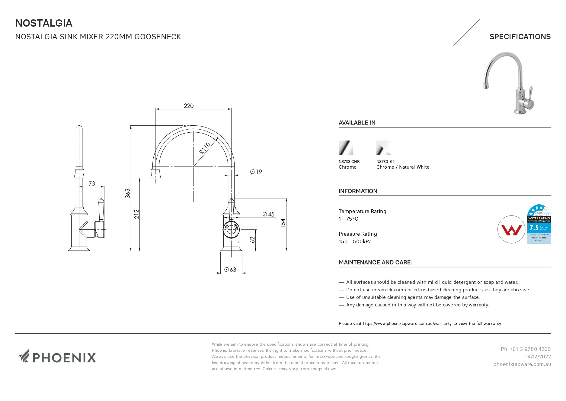 PHOENIX VIVID SLIMLINE MULTI FUNCTION LEAD FREE SINK MIXER 669MM CHROME
