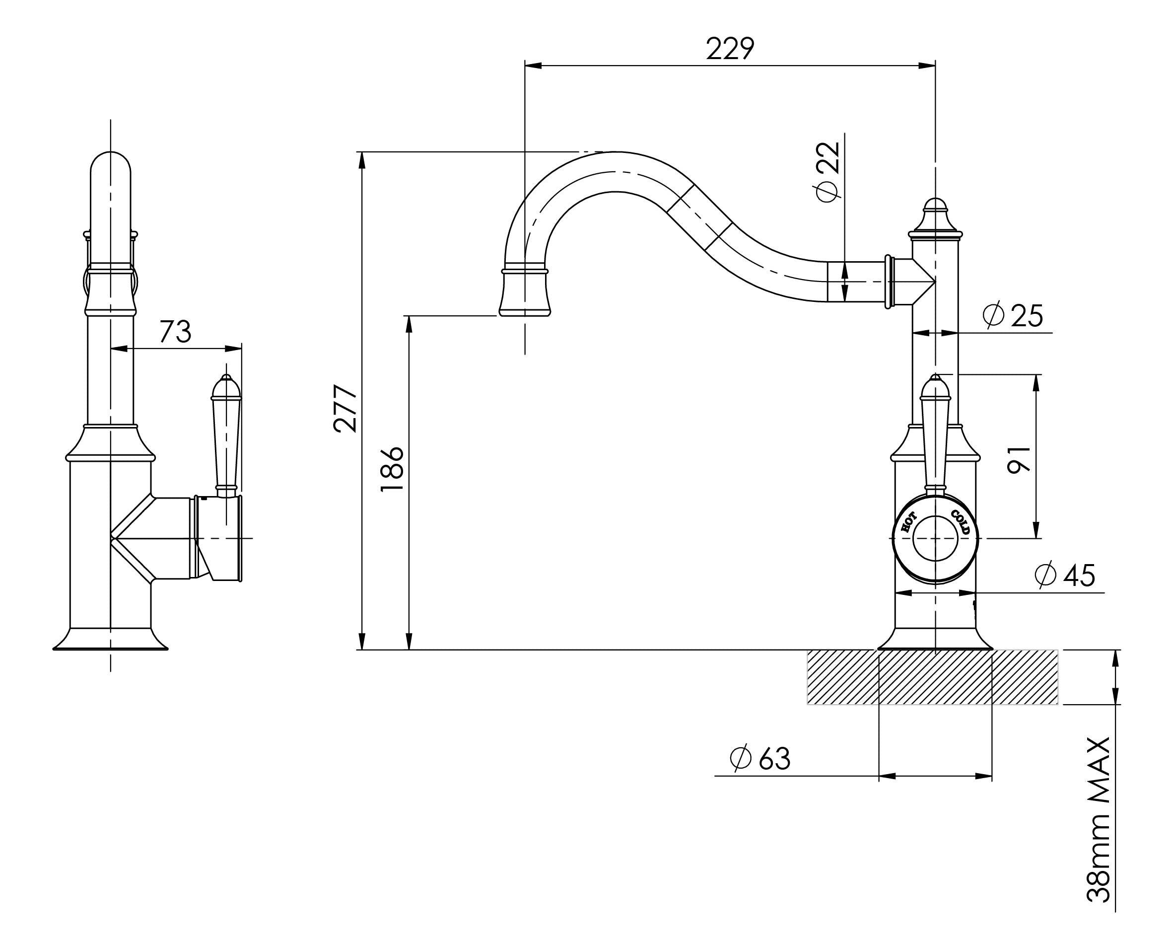 PHOENIX NOSTALGIA SINK MIXER 227MM SHEPHERDS CROOK CHROME