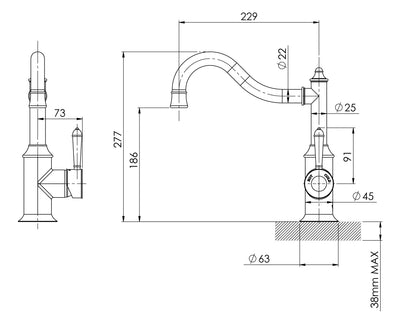 PHOENIX NOSTALGIA SINK MIXER 227MM SHEPHERDS CROOK CHROME