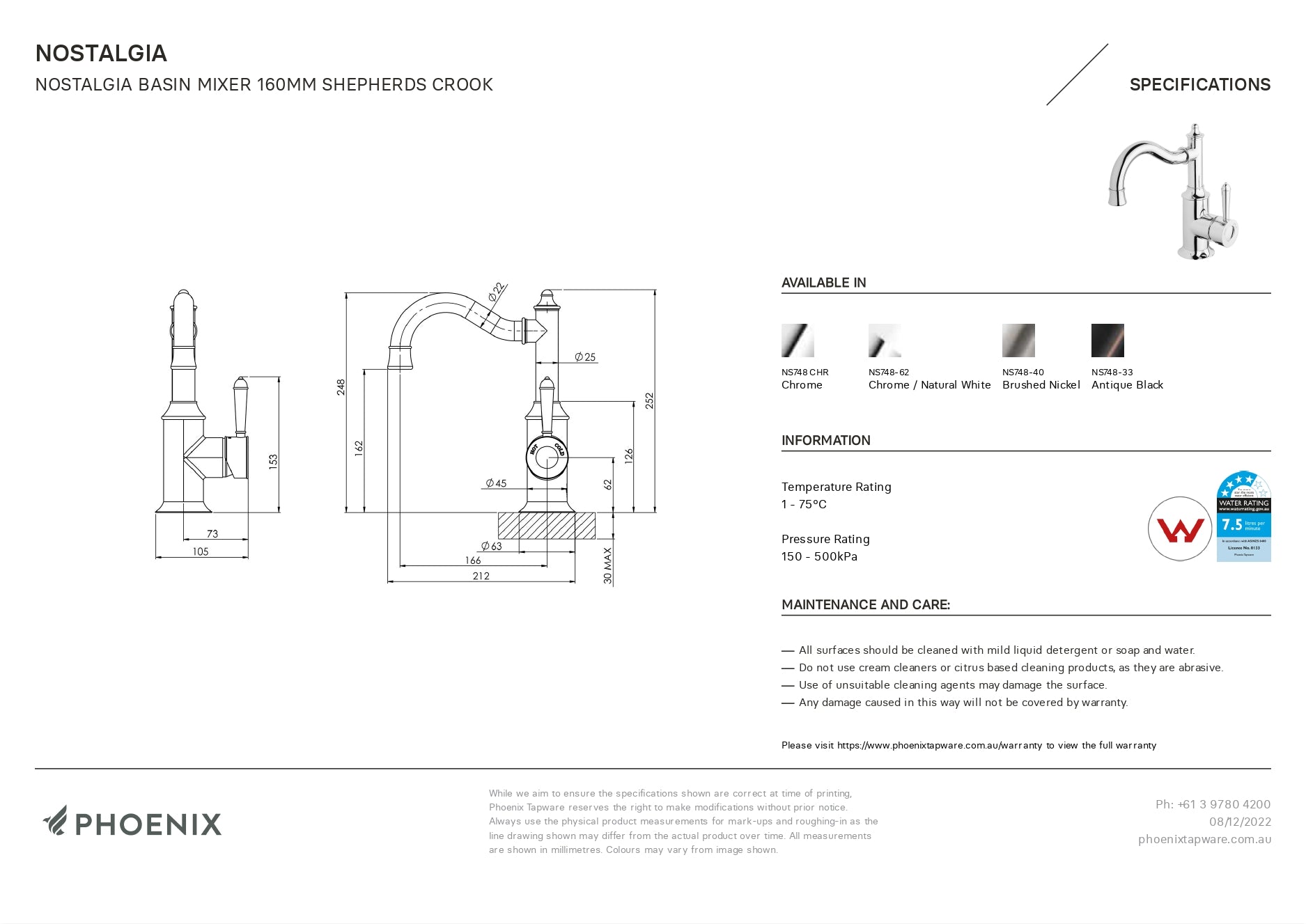PHOENIX NOSTALGIA LEAD FREE BASIN MIXER 160MM SHEPHERDS CROOK BRUSHED NICKEL