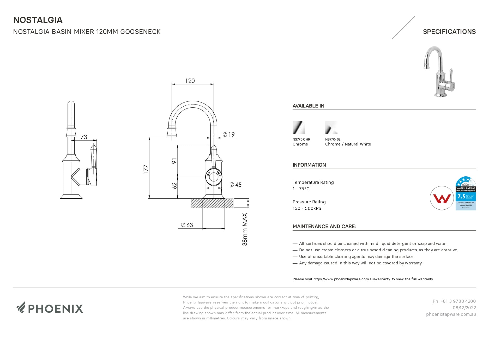 PHOENIX NOSTALGIA BASIN MIXER 120MM GOOSENECK CHROME AND WHITE