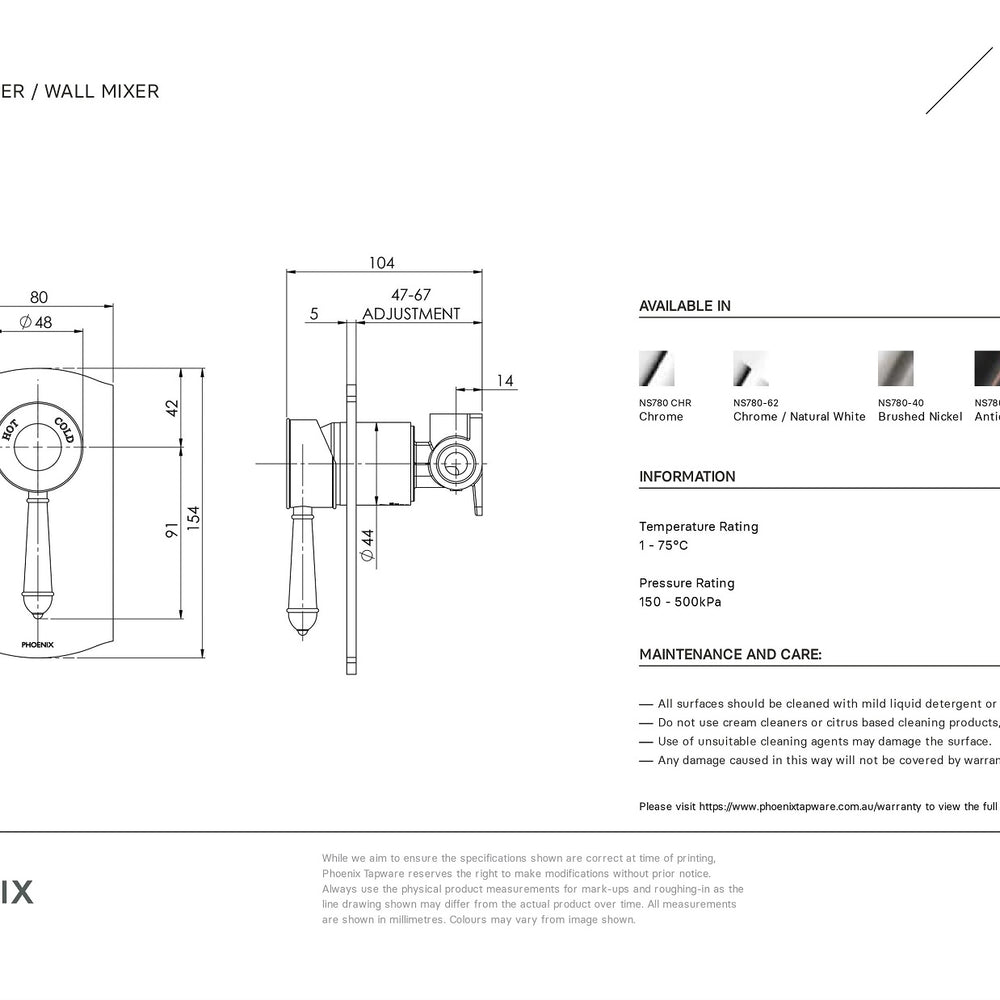 PHOENIX NOSTALGIA LEAD FREE SHOWER / WALL MIXER 154MM CHROME AND WHITE