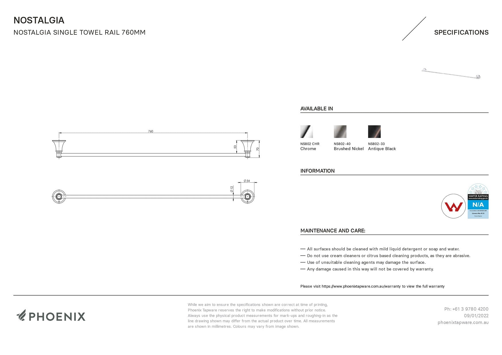 PHOENIX NOSTALGIA SINGLE NON-HEATED TOWEL RAIL CHROME 760MM