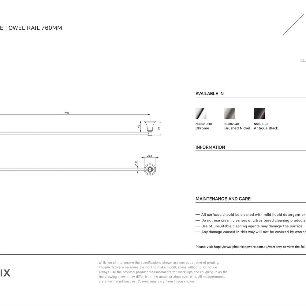 PHOENIX NOSTALGIA SINGLE NON-HEATED TOWEL RAIL ANTIQUE BLACK 760MM