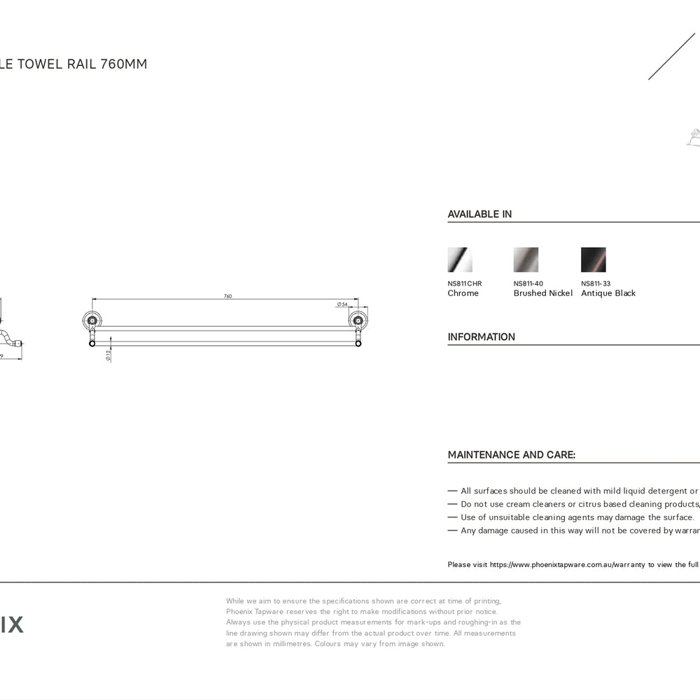 PHOENIX NOSTALGIA DOUBLE NON-HEATED TOWEL RAIL BRUSHED NICKEL 760MM